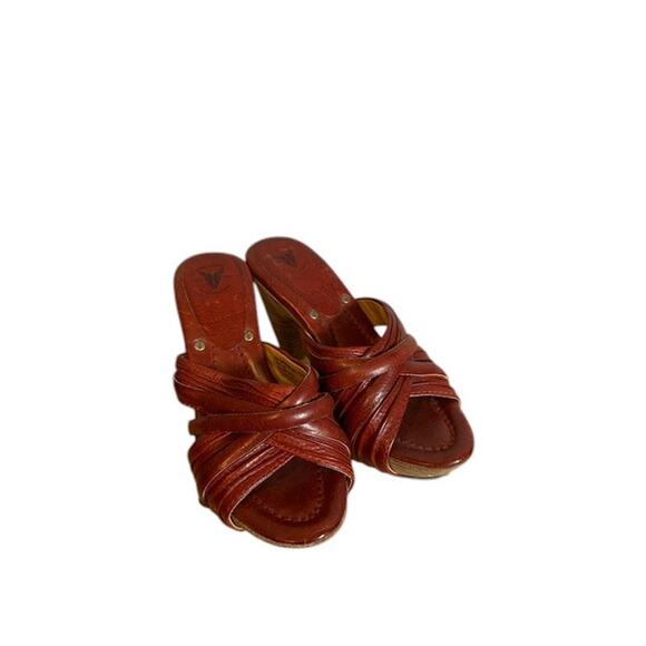 Frye Brown Leather Crisscross Multi Slide Reese Slip On Heels Women Sz 6.5 - Picture 1 of 8